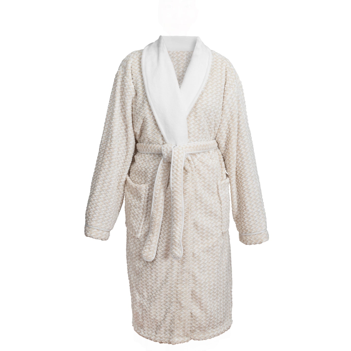 TEXTURED VELVET BATHROBE W/ CONTRAST COLLAR & PIPING, 42”