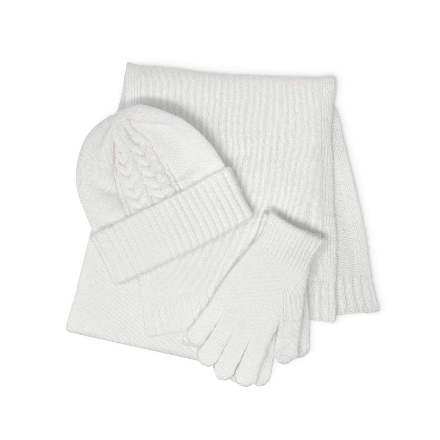Cable Knit 3pc Beanie, Scarf, and Gloves Set