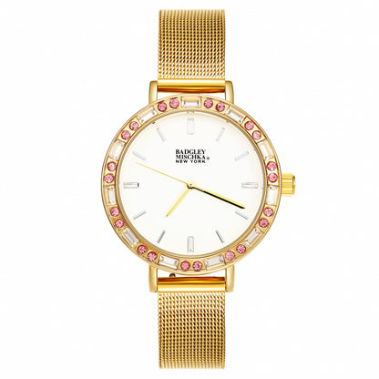 Women's Gold Round Watch with Multi-Color Bezel and Mesh Band