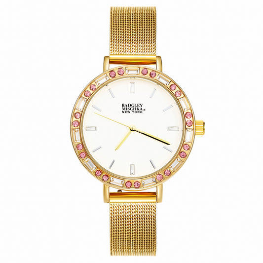 Women's Gold Round Watch with Multi-Color Bezel and Mesh Band