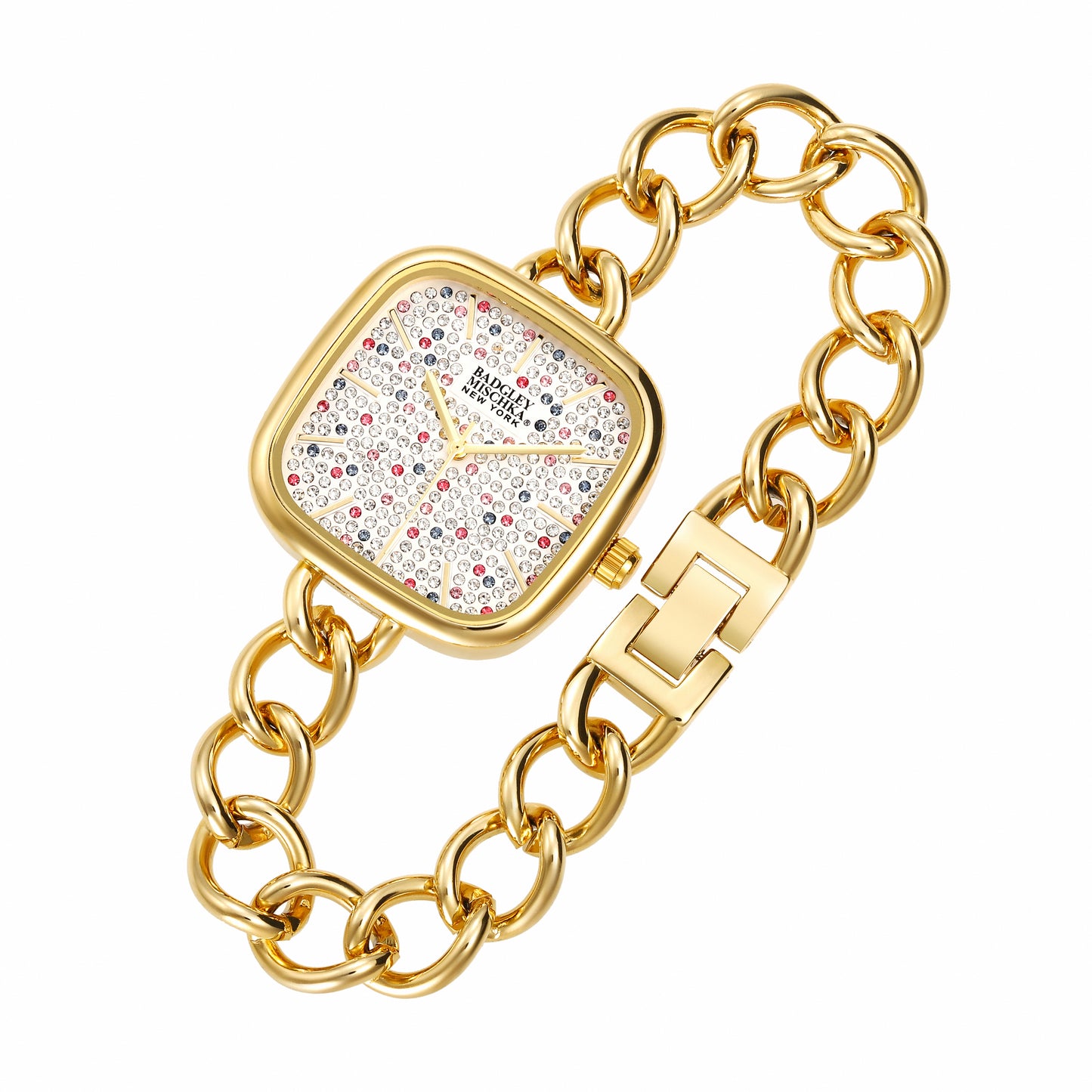Square Women's Watch with Multi-Color Stone Dial and Link Bracelet Strap