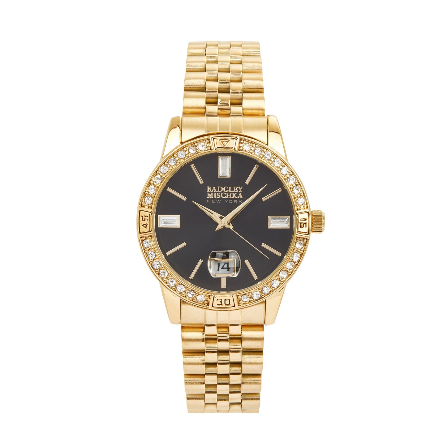 Women's Gold Round Watch with Pave Bezel and Black Dial