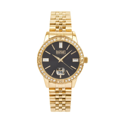 Women's Gold Round Watch with Pave Bezel and Black Dial
