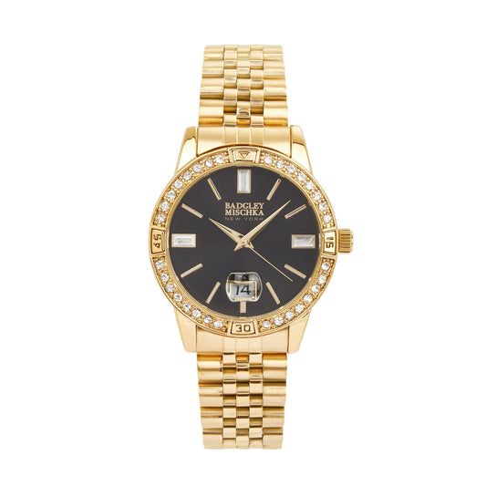 Women's Gold Round Watch with Pave Bezel and Black Dial
