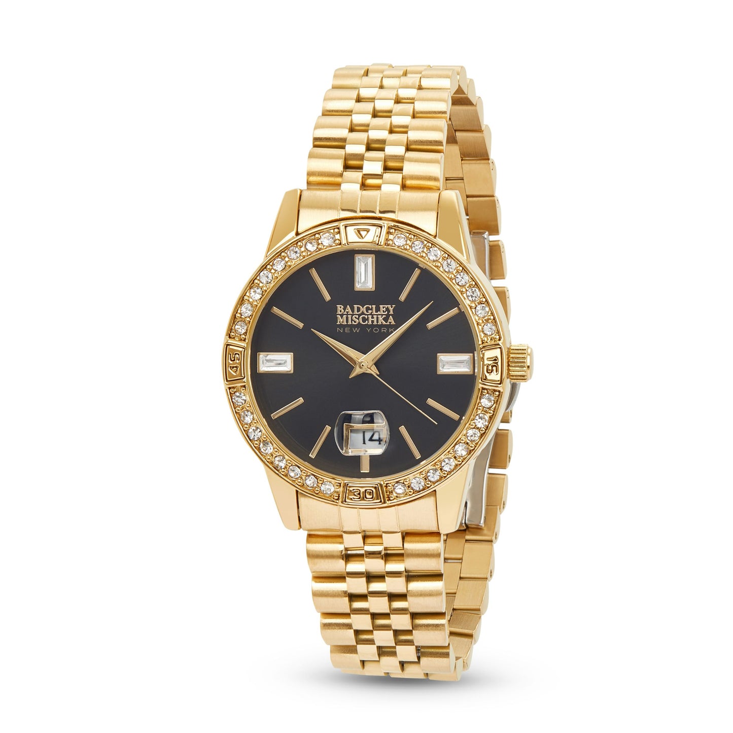 Women's Gold Round Watch with Pave Bezel and Black Dial